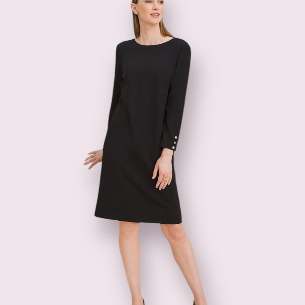 NWT Chico’s Black Long Sleeve Midi Dress Size 10 Minimalist Workwear Gold Button
